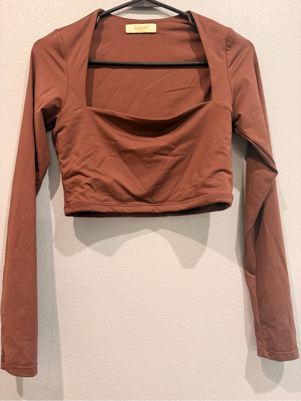 Qinsen Brown Square-Neck Long Sleeve Crop Top Bodycore Basic Layered Chic Boho M